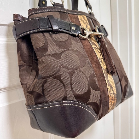 Coach Hampton Signature Patchwork Tote & Matching Wristlet Brown Python Stripe - Picture 4 of 14